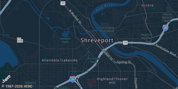 Map of Shreveport, LA. The exact address of Shreveport Convention Center is not known, so the map shows the area rather than a specific building.