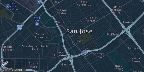 Map of San Jose, CA. The exact address of Westgate Center Saratoga is not known, so the map shows the area rather than a specific building.