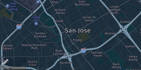 Map of San Jose, CA. The exact address of Westgate Center Saratoga is not known, so the map shows the area rather than a specific building.