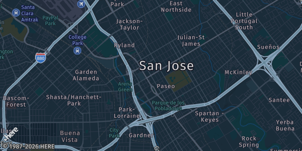 Map of San Jose, CA. The exact address of Westgate Center Saratoga is not known, so the map shows the area rather than a specific building.