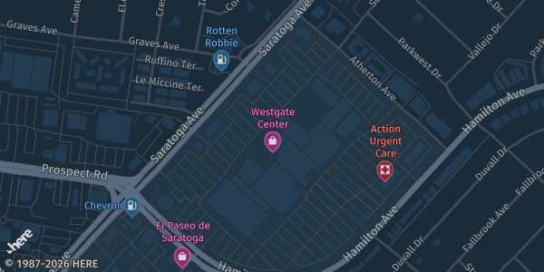 Map showing Westgate Center in San Jose, CA.