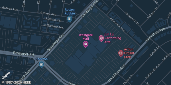 Map showing Westgate Center in San Jose, CA.