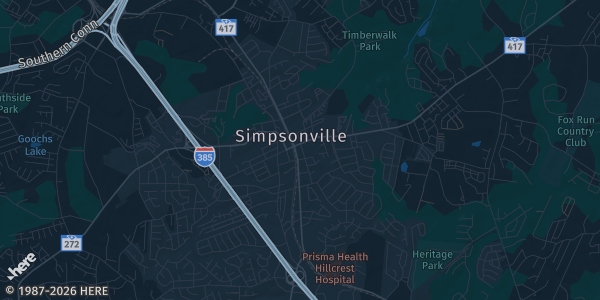 Map of Simpsonville, SC. The exact address of Simpsonville Senior & Activity Center is not known, so the map shows the area rather than a specific building.