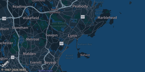 Map of Lynn, MA. The exact address of The Neal Rantoul Vault Theater is not known, so the map shows the area rather than a specific building.