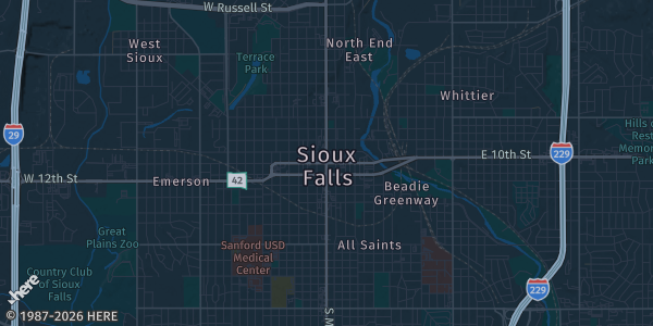 Map of Sioux Falls, SD. The exact address of Sioux Falls Card Show is not known, so the map shows the area rather than a specific building.