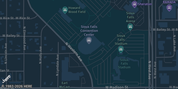 Map showing Sioux Falls Convention Center in Sioux Falls, SD.