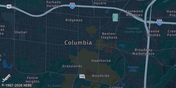 Map of Columbia, MO. The exact address of Columbia Mall is not known, so the map shows the area rather than a specific building.