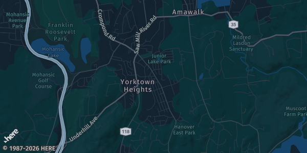 Map of Yorktown Heights, NY. The exact address of East Coast Sports & Fitness is not known, so the map shows the area rather than a specific building.