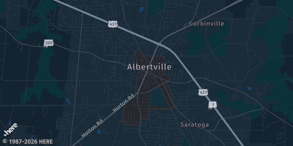 Map of Albertville, AL. The exact address of Sand Mountain Park is not known, so the map shows the area rather than a specific building.