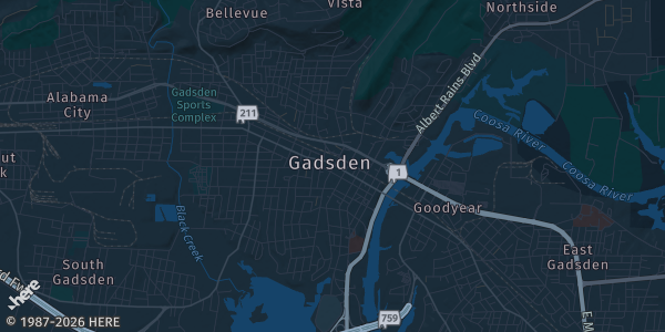 Map of Gadsden, AL. The exact address of 210 at the Tracks is not known, so the map shows the area rather than a specific building.