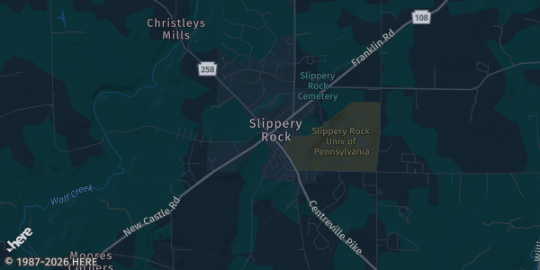 Map of Slippery Rock, PA. The exact address of Slippery Rock High School Gym is not known, so the map shows the area rather than a specific building.