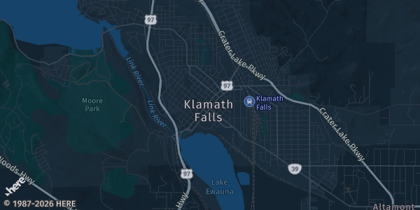 Map of Klamath Falls, OR. The exact address of Klamath County Fairgrounds is not known, so the map shows the area rather than a specific building.