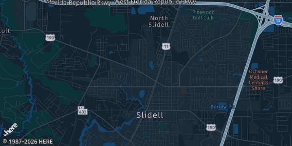 Map of Slidell, LA. The exact address of Bingo Hall Slidell is not known, so the map shows the area rather than a specific building.