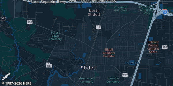 Map of Slidell, LA. The exact address of Bingo Hall Slidell is not known, so the map shows the area rather than a specific building.