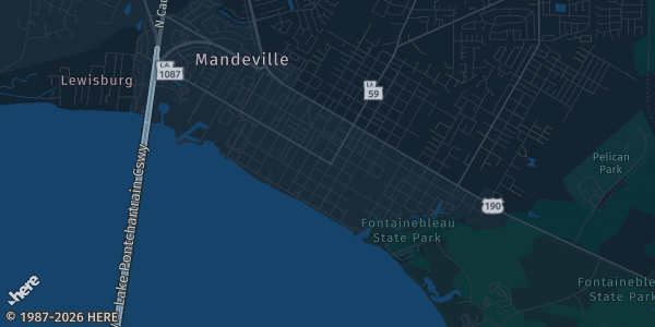 Map of Mandeville, LA. The exact address of Snyders Card Con 2.0 is not known, so the map shows the area rather than a specific building.