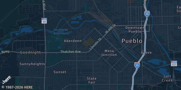 Map of Pueblo, CO. The exact address of Pueblo Community College Ballroom is not known, so the map shows the area rather than a specific building.