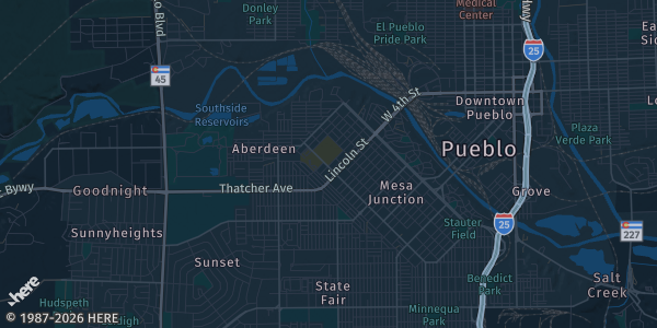 Map of Pueblo, CO. The exact address of Pueblo Community College Ballroom is not known, so the map shows the area rather than a specific building.