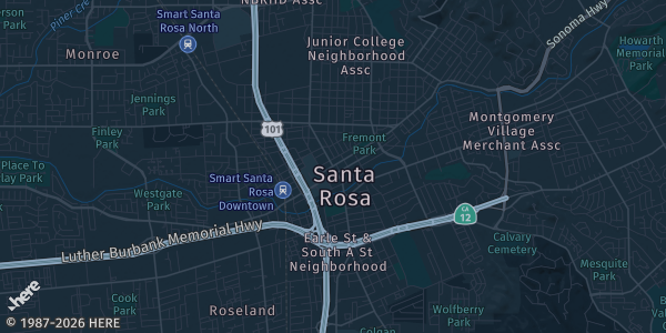 Map of Santa Rosa, CA. The exact address of Sonoma County Event Center at the Fairgrounds is not known, so the map shows the area rather than a specific building.