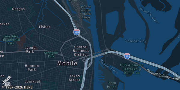 Map of Mobile, AL. The exact address of Mobile Convention Center is not known, so the map shows the area rather than a specific building.