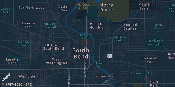 Map of South Bend, IN. The exact address of American Legion Post 357 is not known, so the map shows the area rather than a specific building.