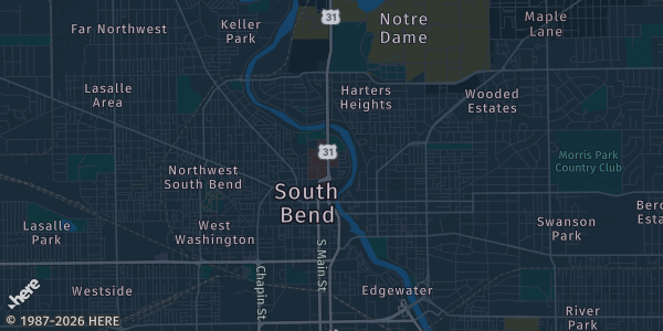 Map of South Bend, IN. The exact address of American Legion Post 357 is not known, so the map shows the area rather than a specific building.
