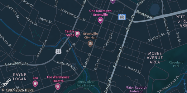 Map showing Greenville Convention Center in Greenville, SC.