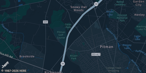 Map of Pitman, NJ. The exact address of South Jersey Card Show is not known, so the map shows the area rather than a specific building.