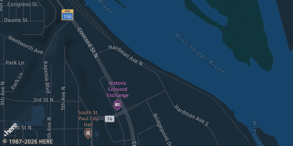 Map of South St. Paul, MN. The exact address of UFCW Union Hall is not known, so the map shows the area rather than a specific building.