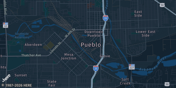 Map of Pueblo, CO. The exact address of PCC Ballroom, Pueblo Community College is not known, so the map shows the area rather than a specific building.