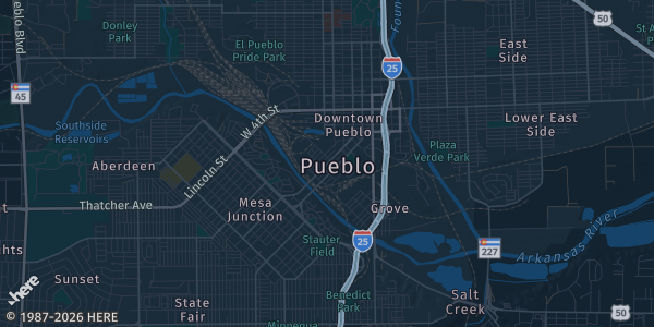 Map of Pueblo, CO. The exact address of PCC Ballroom, Pueblo Community College is not known, so the map shows the area rather than a specific building.