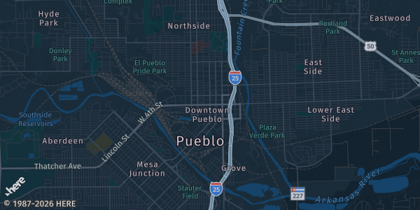 Map of Pueblo, CO. The exact address of PCC Ball Room is not known, so the map shows the area rather than a specific building.