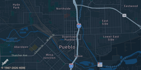 Map of Pueblo, CO. The exact address of PCC Ball Room is not known, so the map shows the area rather than a specific building.