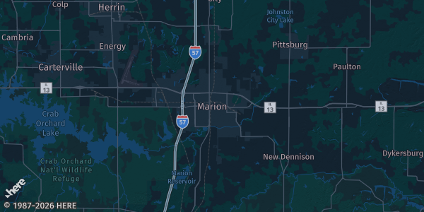 Map of Marion, IL. The exact address of Thrillhouse Family Event Center is not known, so the map shows the area rather than a specific building.