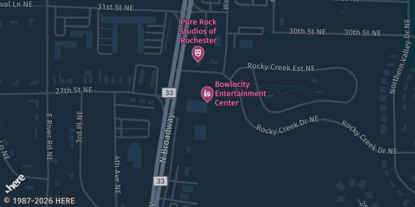 Map showing Bowlocity Entertainment Center in Rochester, MN.