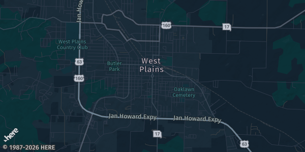 Map of West Plains, MO. The exact address of West Plains Civic Center is not known, so the map shows the area rather than a specific building.