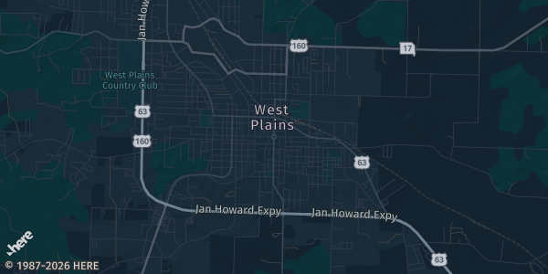 Map of West Plains, MO. The exact address of West Plains Civic Center is not known, so the map shows the area rather than a specific building.