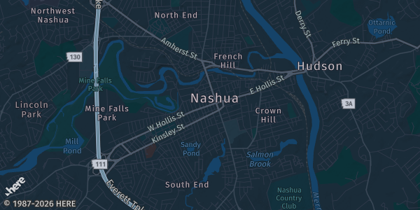 Map of Nashua, NH. The exact address of Sheraton is not known, so the map shows the area rather than a specific building.
