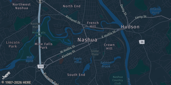 Map of Nashua, NH. The exact address of Sheraton is not known, so the map shows the area rather than a specific building.