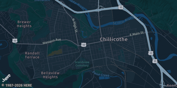 Map of Chillicothe, OH. The exact address of Ohio University Chillicothe, Shoemaker Center is not known, so the map shows the area rather than a specific building.