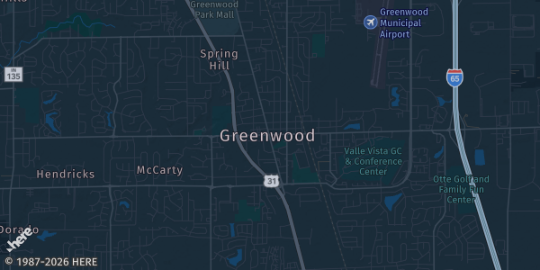 Map of Greenwood, IN. The exact address of American Legion Post 252 is not known, so the map shows the area rather than a specific building.