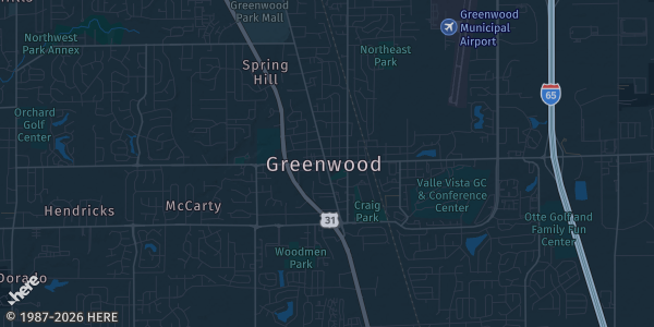 Map of Greenwood, IN. The exact address of American Legion Post 252 is not known, so the map shows the area rather than a specific building.