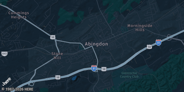Map of Abingdon, VA. The exact address of Southwest Virginia Higher Education Center is not known, so the map shows the area rather than a specific building.