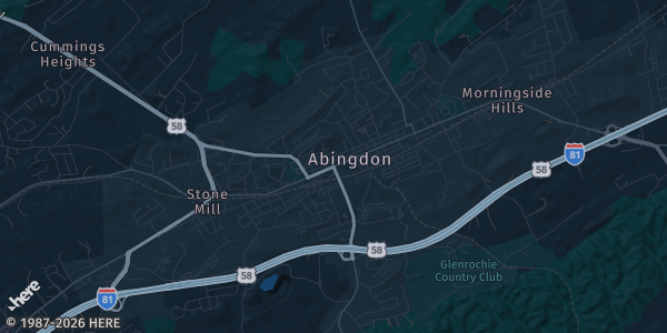 Map of Abingdon, VA. The exact address of Southwest Virginia Higher Education Center is not known, so the map shows the area rather than a specific building.