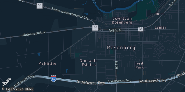 Map of Rosenberg, TX. The exact address of Fort Bend County Epicenter (28505 Southwest Fwy) — hours VERIFY is not known, so the map shows the area rather than a specific building.