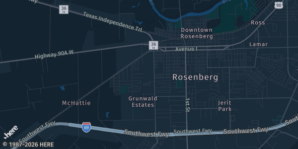 Map of Rosenberg, TX. The exact address of Fort Bend County Epicenter (28505 Southwest Fwy) is not known, so the map shows the area rather than a specific building.