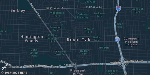 Map of Royal Oak, MI. The exact address of Royal Oak Elks Hall is not known, so the map shows the area rather than a specific building.