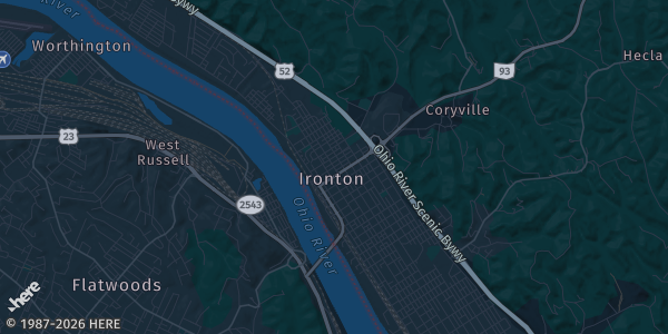 Map of Ironton, OH. The exact address of Ohio University Southern Campus is not known, so the map shows the area rather than a specific building.