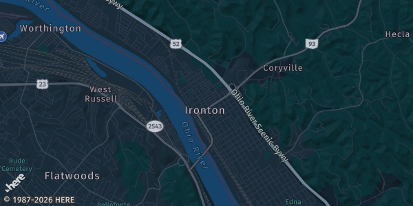 Map of Ironton, OH. The exact address of Ohio University Southern Campus is not known, so the map shows the area rather than a specific building.