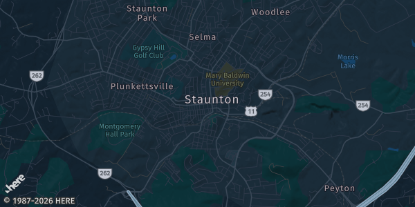 Map of Staunton, VA. The exact address of VFW Post 2216 is not known, so the map shows the area rather than a specific building.