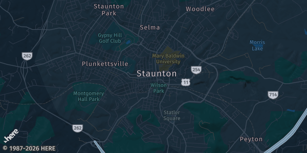 Map of Staunton, VA. The exact address of VFW Post 2216 is not known, so the map shows the area rather than a specific building.